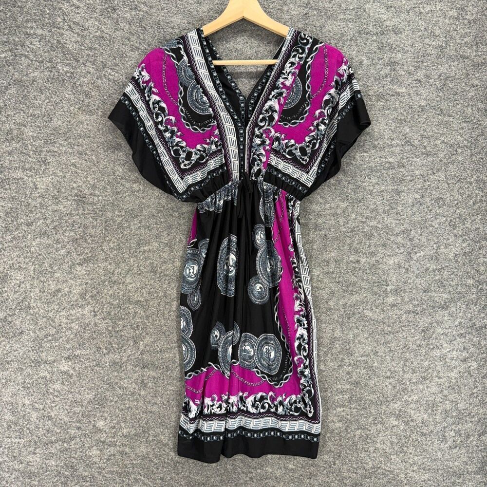 Unbranded Dress Women M Medium Black Geometric Sheath Midi V-Neck Short Sleeve